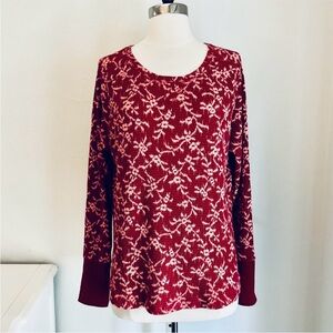 Knox Rose Burgundy Floral Print Waffle Knit Thermal Long Sleeve Tee, Sz Large